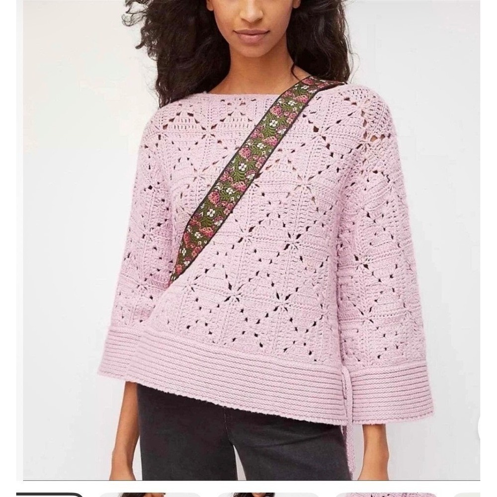 by Anthropologie Lavender Crochet Starburst Side Tie Sweater M Mixed Knit Pink
